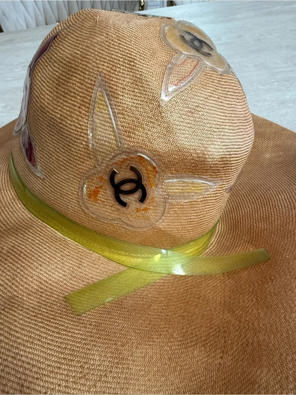 CHANEL Tan Straw Wide Brim Hat with Lime Ribbon